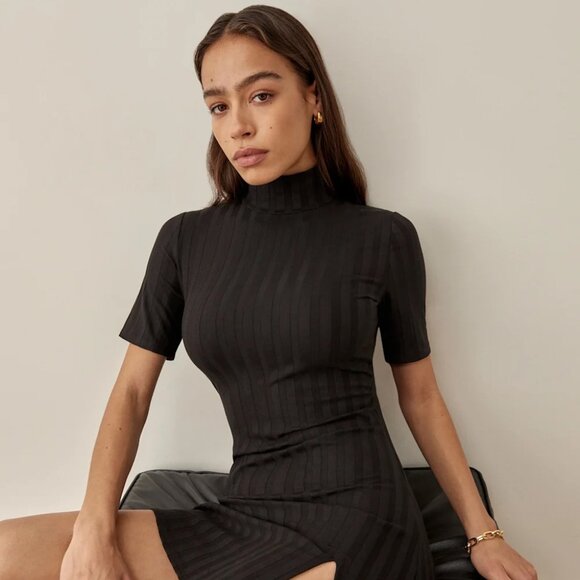 Reformation Zia Mock Neck Black Ribbed Minidress | Size S - Picture 1 of 5